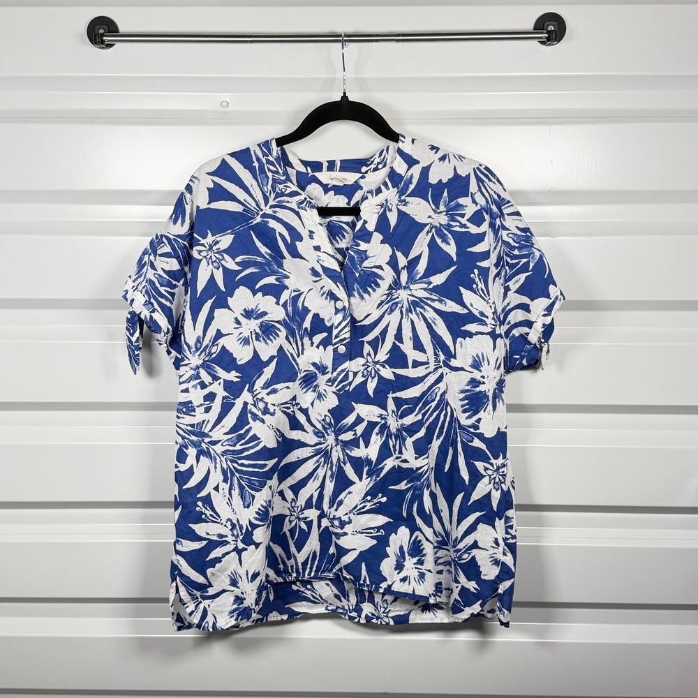Land 'n Sea Floral Blouse Womens XL Blue White Cotton Tie Sleeve Henley V-Neck